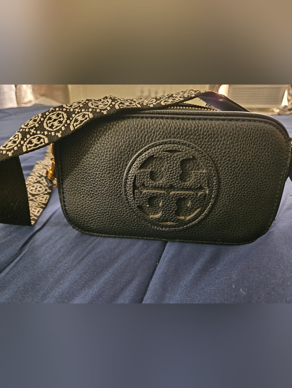 Tory Burch Black Pebbled Leather Camera Crossbody with Patterned Strap